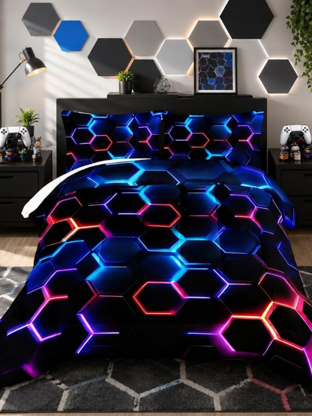 Hexagon Geometric Comforter Set Honeycomb Bedding Sets,Blue Neon Gamer Comforter